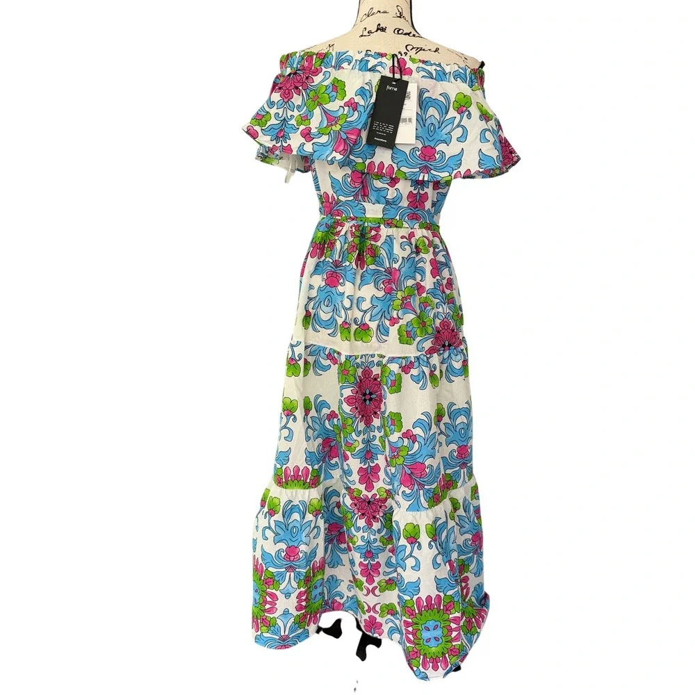 Fame Istanbul Floral Off Shoulder Maxi Dress White Blue Pink Green Tiered M - Picture 6 of 14